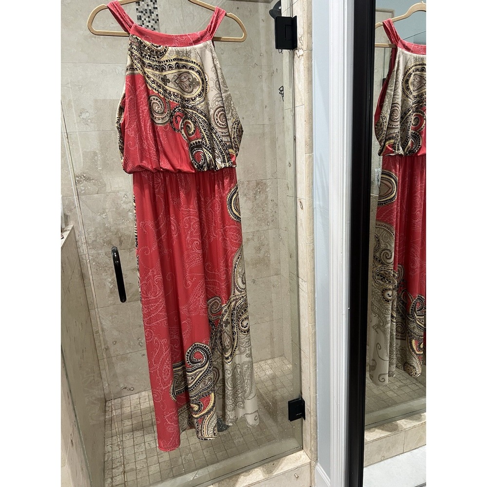 Chico's Contrast Paisley Hope Blouson Sleeveless Coral Maxi Dress Size 2 L - Picture 3 of 13